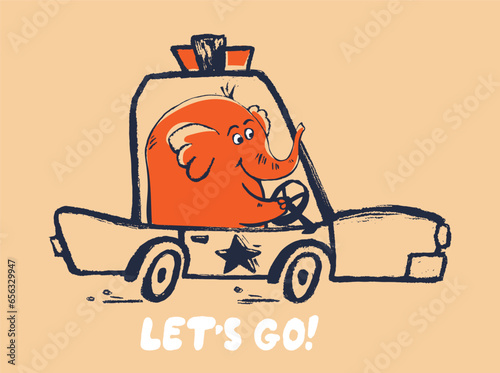 Elephant police car funny cool summer t-shirt print design. Drive speed auto. Slogan. Policeman safari animal