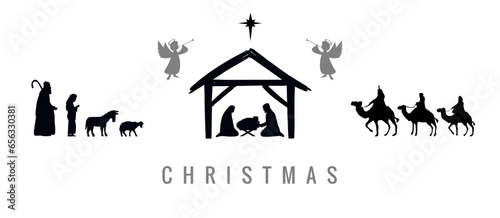Christmas set of icons Jesus in manger, Mary, Joseph, angels, wisemen, shepherds and Bethlehem star. Vector nativity illustration