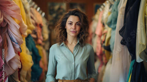 Portrait of a fashion or clothing designer posing in her studio and surrounded by various textiles and fabrics.