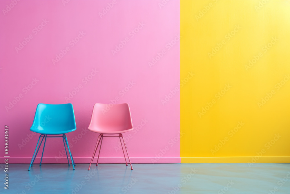 Abstract post-minimalist composition in pastel pink, blue and yellow. Two retro chairs. Abstract post-minimalist composition in pastel pink, blue and yellow. Two retro chairs.