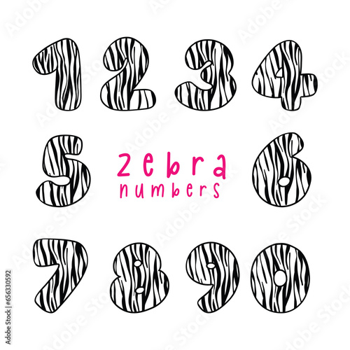 Adorable zebra pattern numbers from 0 to 9 for kids. This educational and playful set features cute animal digits in vibrant colors, perfect for preschool, kindergarten, and creative projects.
