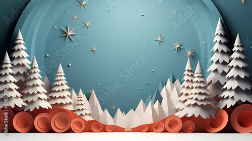 Podium Christmas blue, white, and red with studio room 3D illustration cylinder style, conical Xmas tree, snowflakes, and paper cut. 
