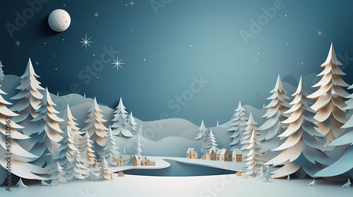 Christmas blue and white winter for Xmas and New Year greeting cards and banner with studio room 3D illustration cylinder style, conical Christmas tree, snowflakes, and paper cut. 