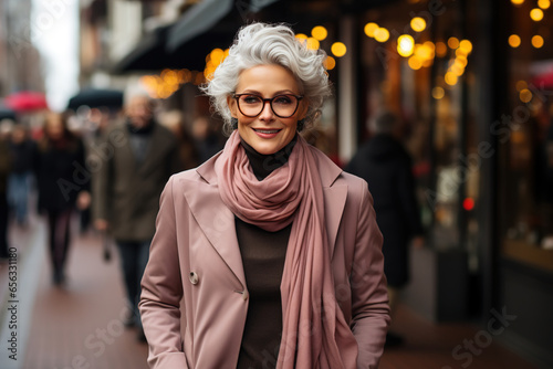 Photo of a stylish woman with grey hair and sunglasses walking down a vibrant city street photo