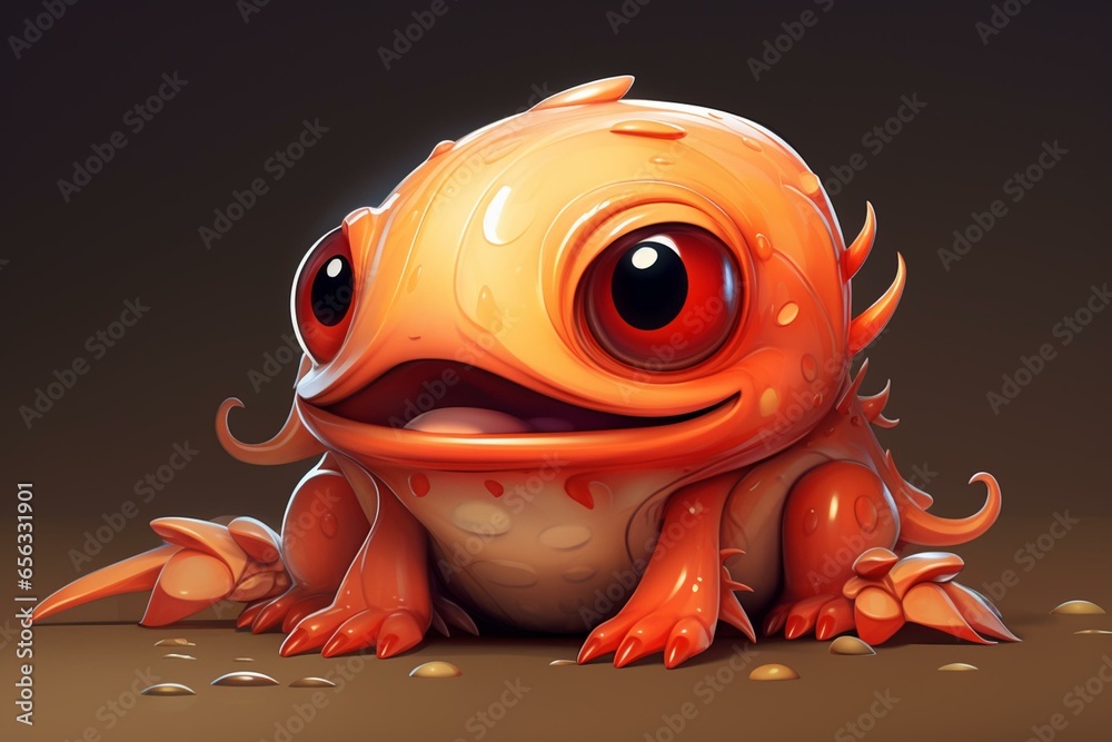 Adorable creature with salmon-colored skin crawling in a cute cartoon style. Generative AI - obrazy, fototapety, plakaty 