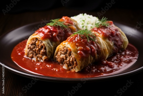 Savory holubtsi dish: cabbage rolls filled with beef, rice, and veggies, paired with tangy cranberry sauce. Generative AI photo