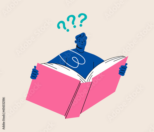 Man thinking about that he reading in the book and has a questions. Colorful vector illustration