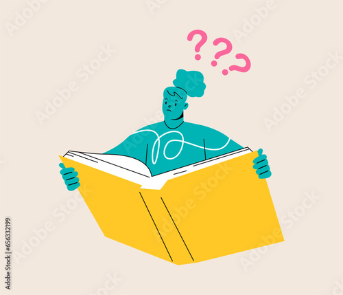 Woman thinking about that he reading in the book and has a questions. Colorful vector illustration