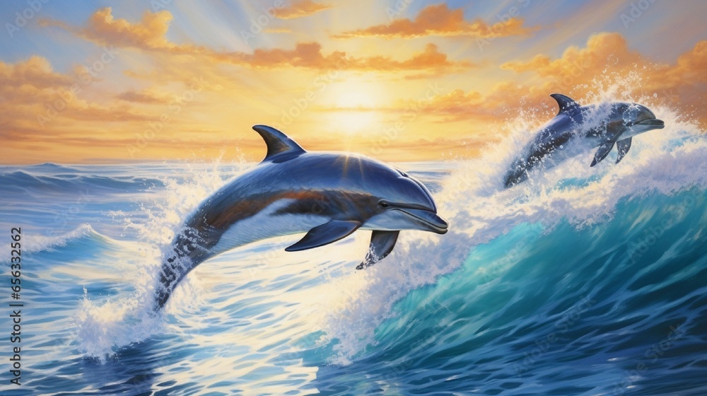 Obraz premium Two dolphins leap joyfully from turquoise ocean waves against a golden sunrise, perfect for marine advertising.
