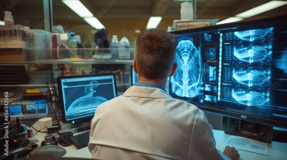 Doctor analyzing medical scan of a patient with CT scan in hospital. Doctor analyzing medical scan of a patient with CT scan in hospital.