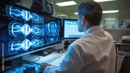 Doctor analyzing medical scan of a patient with CT scan in hospital.