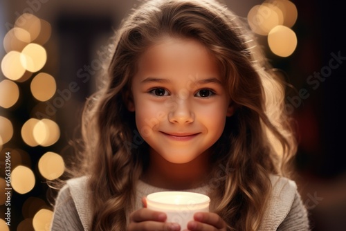 Happy of cute girl indoors at home at Christmas, holding candle. Generative AI