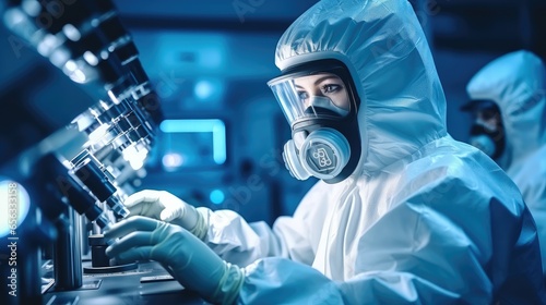 Researcher in a protective mask working in a laboratory of a research institute, Medical research and development concept.
