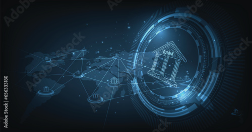 Online banking technology concept. Isometric illustration of the bank on a dark blue background. Digital connect system. Financial technology concept.Vector illustration.EPS 10.	