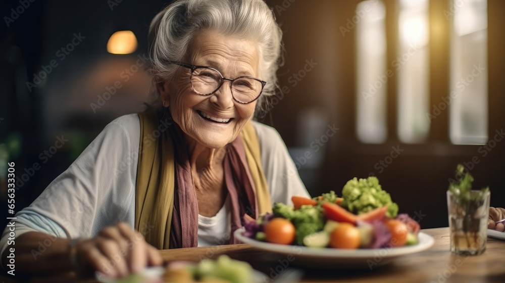 Senior woman eating healthy food at home.