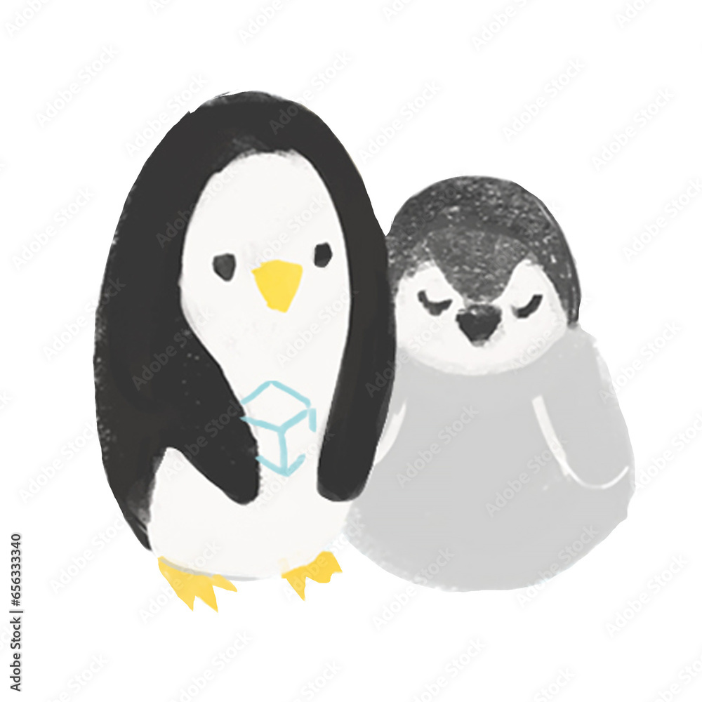 Fototapeta premium Cute Children's Illustration of Penguins Holding Ice Blocks