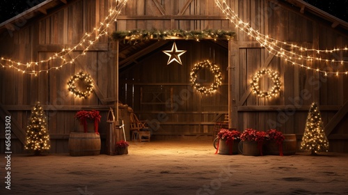 Christmas room decorated with Christmas tree and glittering stars  in the night generated by AI tool 