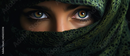 Close up portrait of young Woman muslim in green burqa with hidden face. female green eyes and face covered. Oriental girl in a burqa. Straight look, expressive eyes, close-up portrait. Generative ai