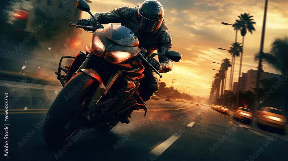motorcycle rider speeding on a road at light