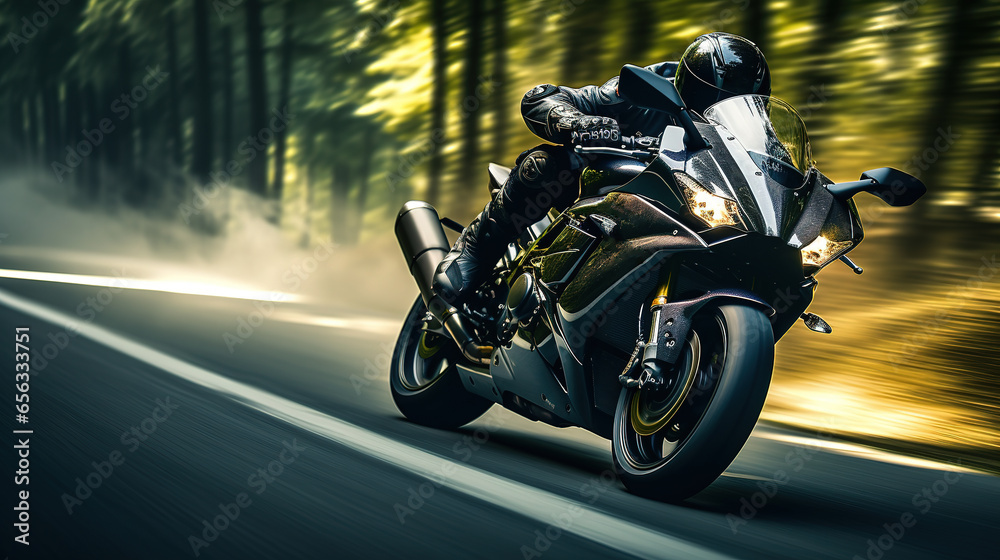 motorcycle rider speeding on a road at light motorcycle rider speeding on a road at light