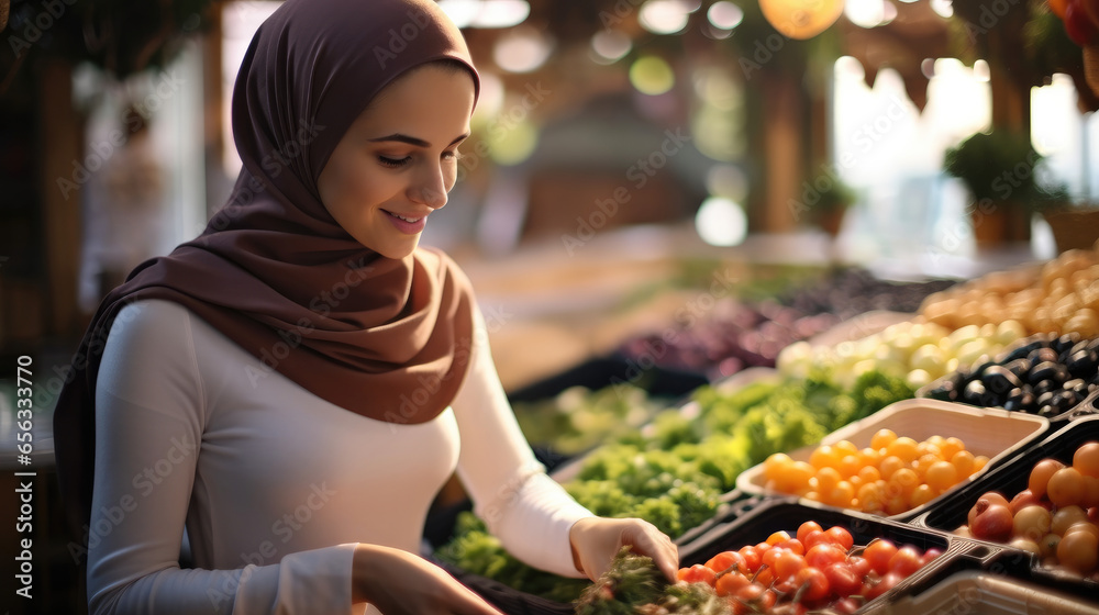 Muslim woman sorting fruits in supermarket.