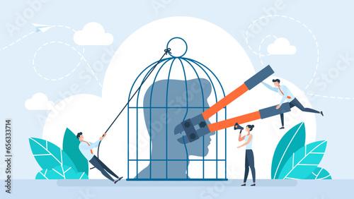 Tiny people cut a birdcage with a bolt cutter to free a human head. Open mind to new ideas and knowledge. Freeing brain from imprisonment. Opening creative mind. Unlock potential. Vector illustration