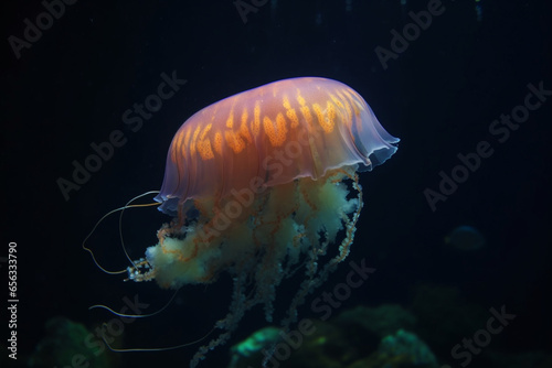 Jellyfish swimming in the depths of the sea. AI Generated ©  iiulia