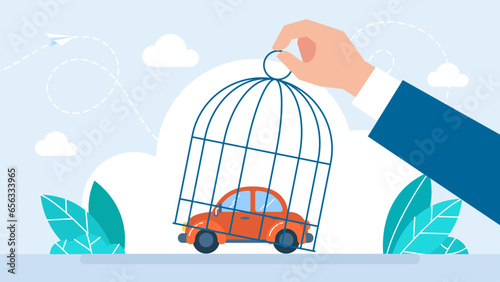Hand lifting a cage of car. Big hand catching small businessman in car with birdcage. The concept of a fine, arrest, loan of movable property. Trendy vector illustration in flat style