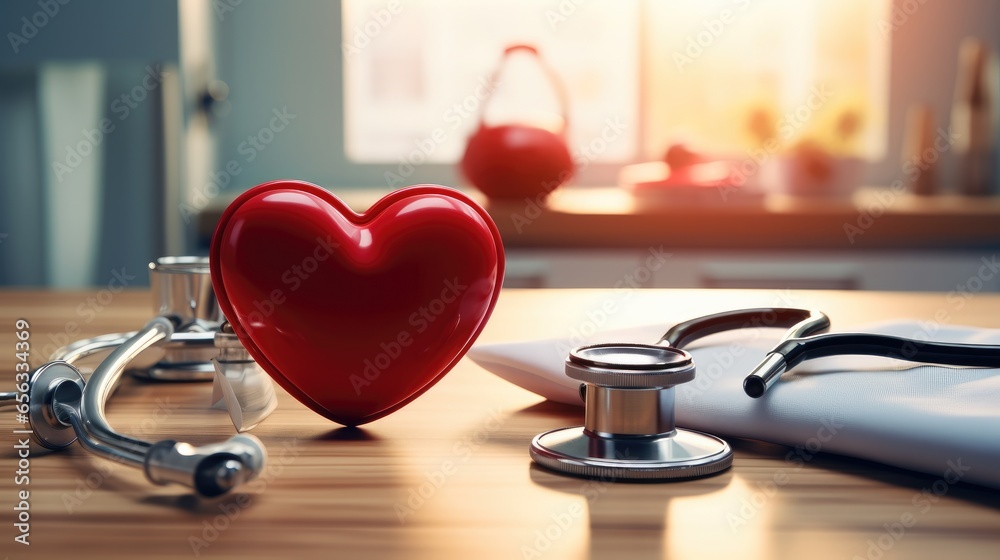 Stethoscope and red heart at the desk, Health insurance concept. Stethoscope and red heart at the desk, Health insurance concept.