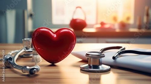 Stethoscope and red heart at the desk, Health insurance concept.
