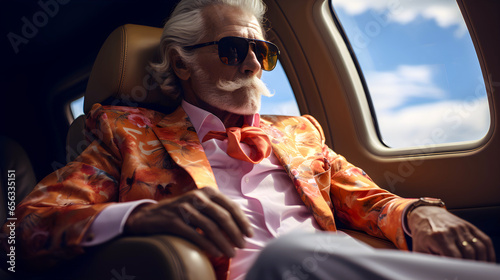 Billionaire lifestyle. An older man in an extravagant orange jacket, exuding sophistication, relaxes on his private jet in style photo