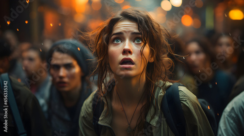 Moments Before Disaster. A panicked woman looks up as sparks and cinders fall from the sky amidst a crowd of oblivious onlookers
