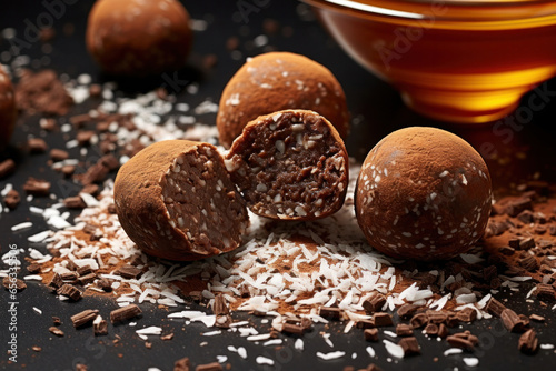 Yummy chocolate laddu served in a plate, Indian sweet