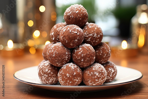 Yummy chocolate laddu served in a plate, Indian sweet