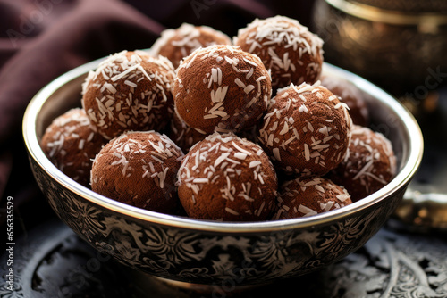 Yummy chocolate laddu served in a plate, Indian sweet