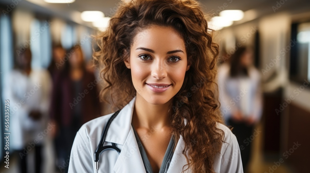 Confident female doctor smiling while standing in a hospital corridor with a diverse group of staff in the background. Confident female doctor smiling while standing in a hospital corridor with a diverse group of staff in the background.