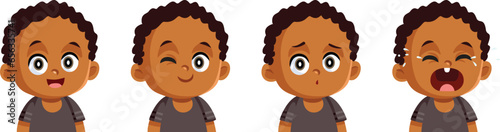 Baby of African Ethnicity Feeling Different Emotions Vector Cartoon Illustration. Little child changing facial expressions after his mood 
