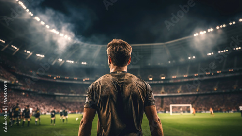 Back view of footballer standing in front of a huge stadium filled full of fans. Generative AI © piai
