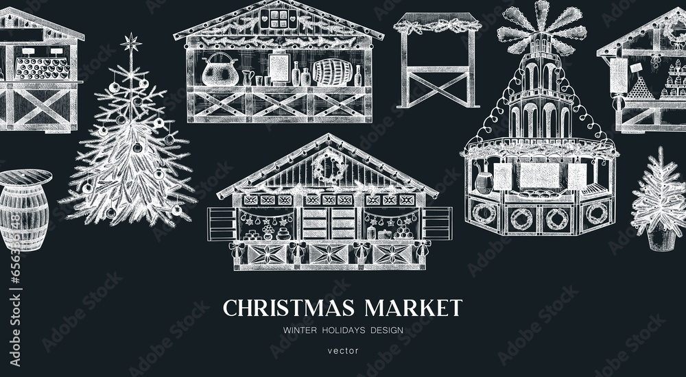 Christmas market background. Hand drawn vector illustration. European holiday marketplace banner on chalkboard. Christmas tree, candy shop, fast food, bakery, mulled wine sketches. Architecture design Christmas market background. Hand drawn vector illustration. European holiday marketplace banner on chalkboard. Christmas tree, candy shop, fast food, bakery, mulled wine sketches. Architecture design