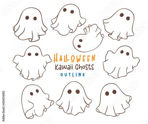 Halloween Cute spooky Ghost Cartoon outline Doodle Drawing Set. Ideal for holiday-themed designs, greeting card, decorations, and more.
