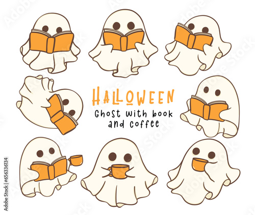 Halloween Cute spooky Ghost with book and coffee Cartoon outline Doodle Drawing Set.