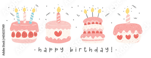 Cute Kawaii Pink Pastel Birthday Cakes cartoon drawling idea for festive Invitation Banner.