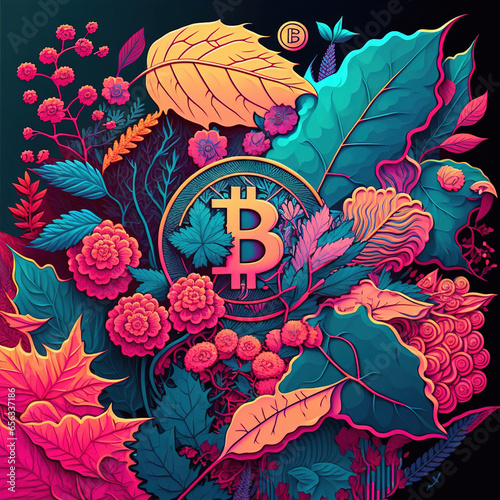 Eye-catching and vibrant painting with intricate details, featuring a stunning range of pastel hues and a prominent mention of Bitcoin. photo