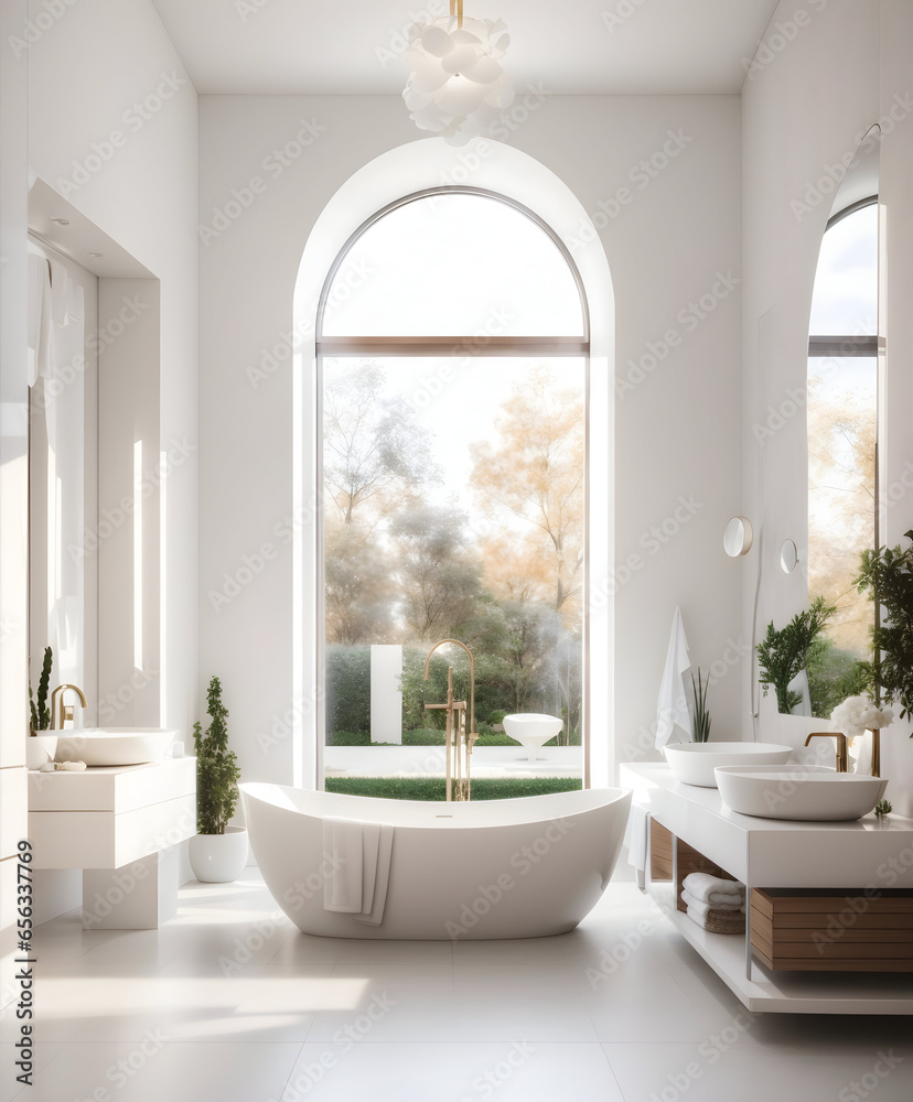 a white luxury bathroom with an arched window to the winter garden and a green plant in the corner, made by AI a white luxury bathroom with an arched window to the winter garden and a green plant in the corner, made by AI