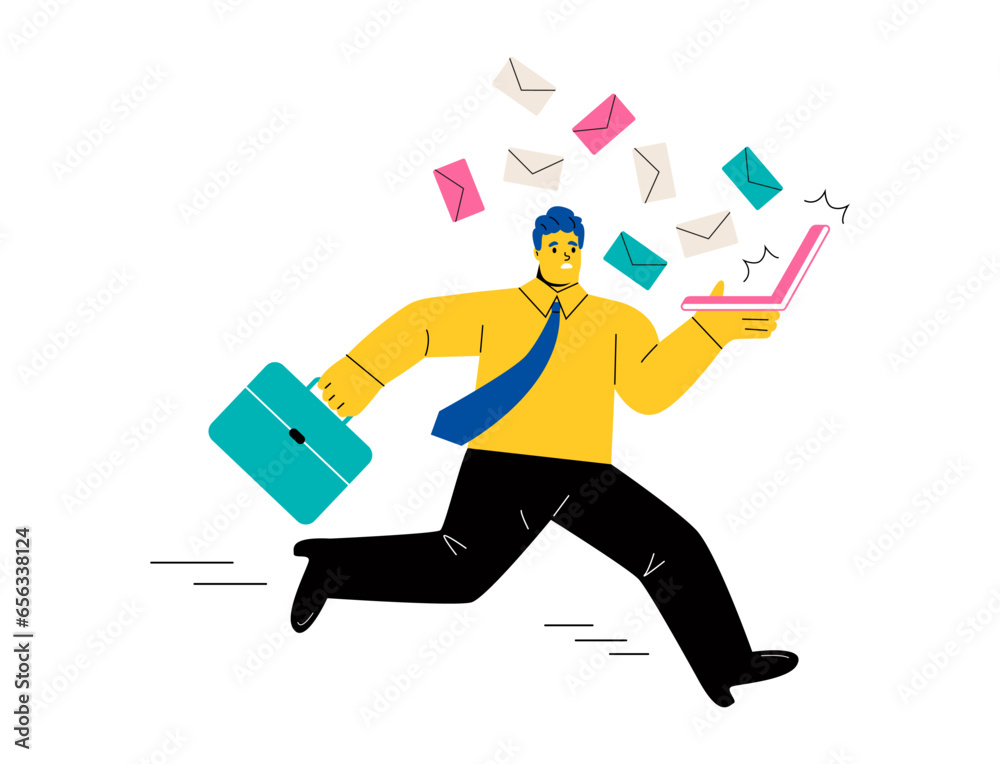 Business man is holding a laptop from which many letters fly out. Error and spam attack concept. Flat vector illustration isolated on white background