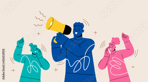 Group of happy people shouting with megaphone. Marketing announcement promo alert. Colorful vector illustration