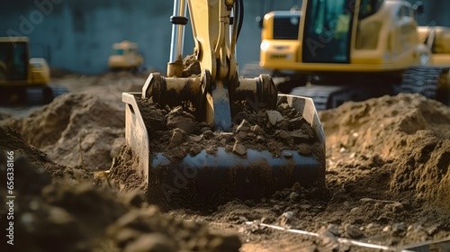 Excavator bucket close up. Excavation work at construction site and road construction. Construction machinery