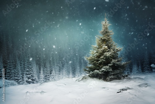 Festive fir tree with cute wintry backdrop. Generative AI