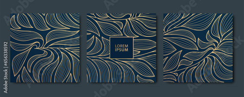 Vector set of leaves luxury golden square cards, post templates for social net, botanical modern, art deco wallpaper background. Pattern, texture for print, fabric, package design