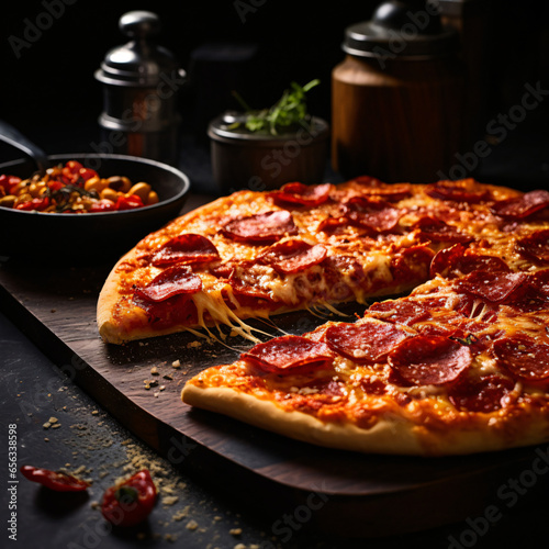 Pepperoni pizza, photography, spicy, loaded, savory, on a dark stone table with a sprinkle of chili flakes, tempting, ambient restaurant lighting, vibrant reds and golden crust Generative AI